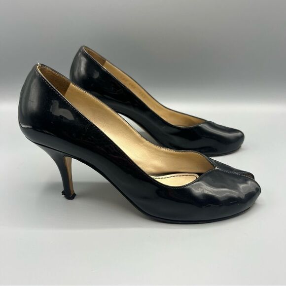 YSL Yves Saint Laurent Black Patent Leather Open Toe Heels Pumps - Picture 2 of 9